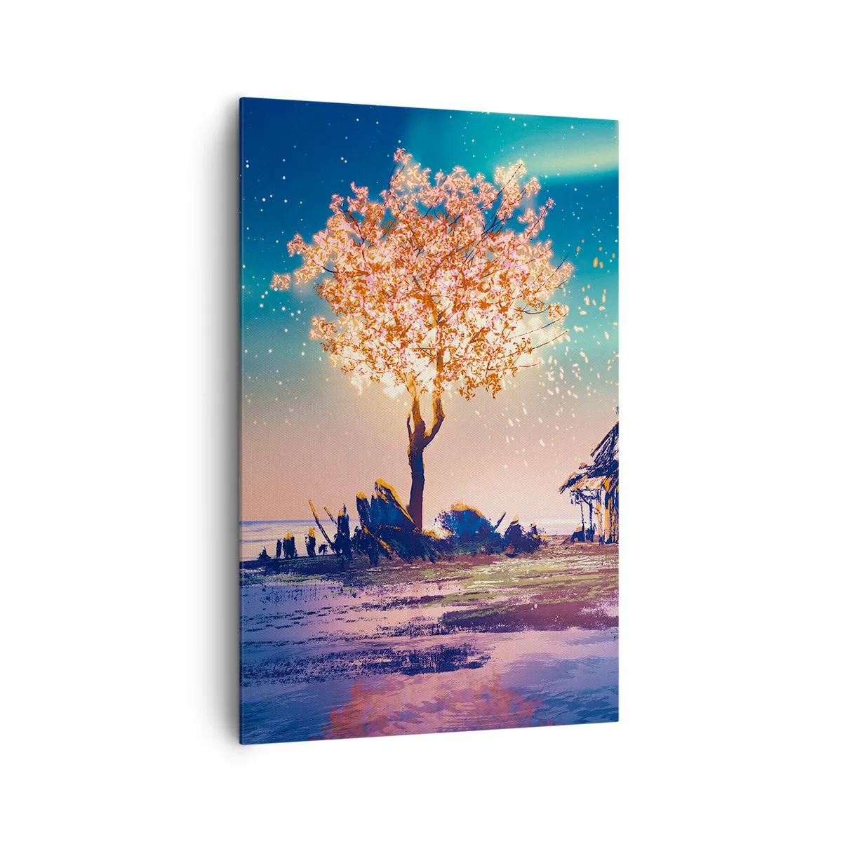 Quadro su tela - Stampe su Tela - Una casa e un albero in fiore sotto il cielo notturno - 80x120cm - La natura non passa - Decorazione murale moderna per soggiorno e camera da letto ARTTOR