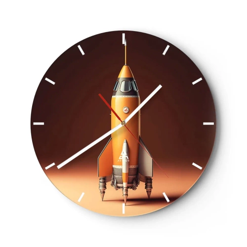 Orologio da parete - Orologio in Vetro - Un razzo arancione pronto per il lancio su uno sfondo scuro. - 30x30cm - Si inizia dai sogni - Decorazione murale moderna per soggiorno, cucina e camera da letto ARTTOR