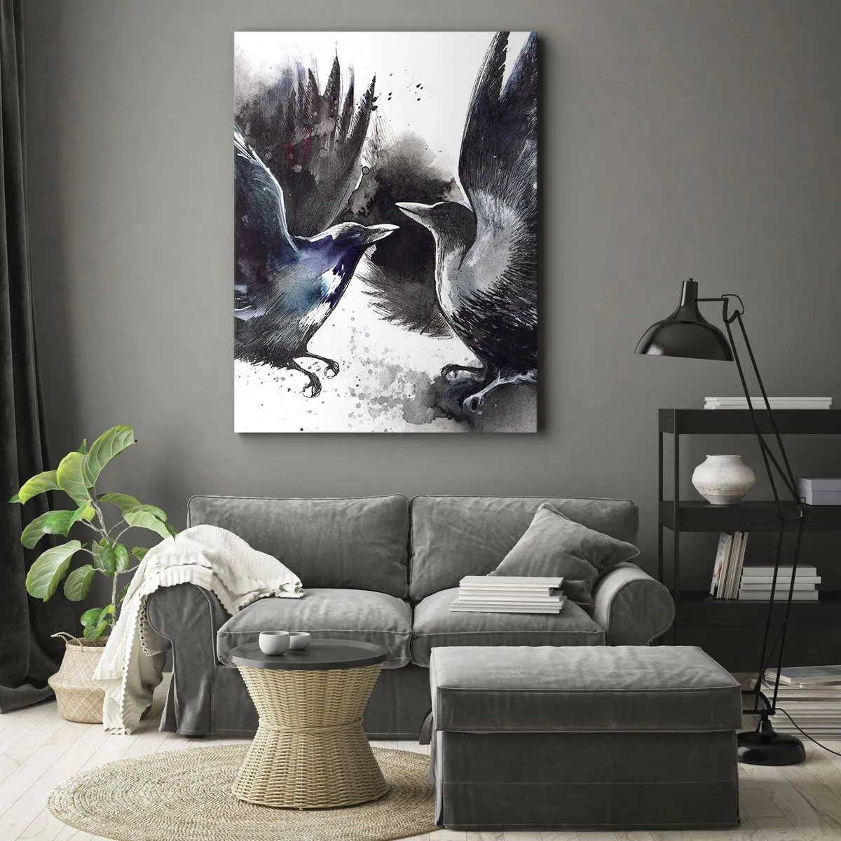 Quadro su tela - Stampe su Tela - Corvi artistici in una composizione dinamica ad acquerello - 70x100cm - Corvi imperiali - Decorazione murale moderna per soggiorno e camera da letto ARTTOR