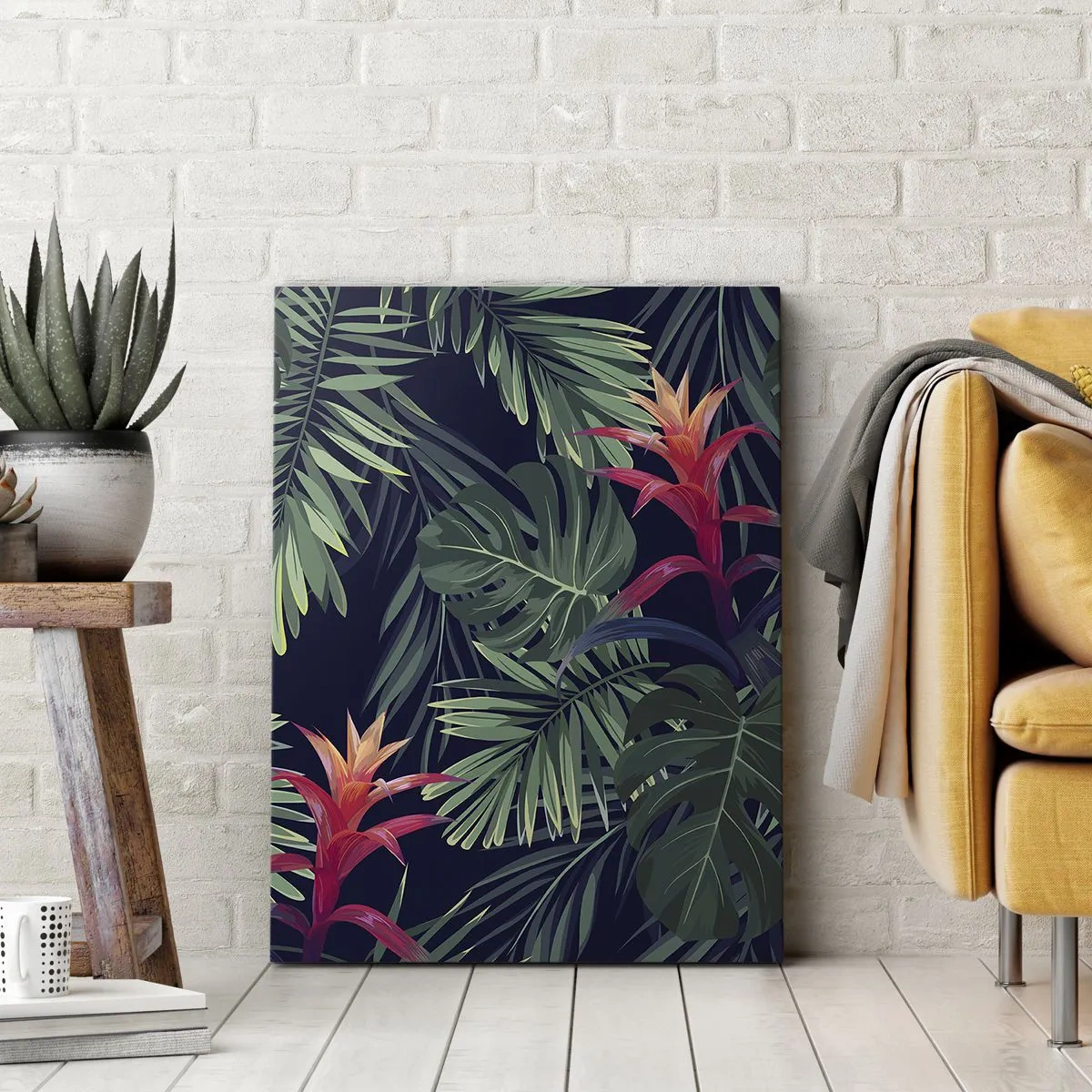 Quadro su tela - Stampe su Tela - Foglie e fiori tropicali su sfondo scuro - 80x120cm - Fiammante nel verde - Decorazione murale moderna per soggiorno e camera da letto ARTTOR