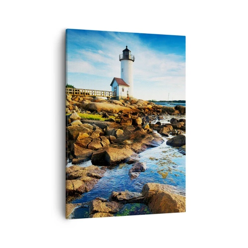 Quadro su tela - Stampe su Tela - Un faro su una costa rocciosa in una giornata di sole - 50x70cm - Tornate sani e salvi, vi aspetto - Decorazione murale moderna per soggiorno e camera da letto ARTTOR