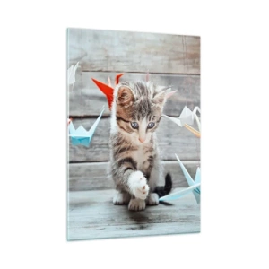 Quadro su vetro - Un gatto che gioca con delle gru origami colorate - 50x70cm - Prima lezione - Decorazione murale moderna per soggiorno e camera da letto ARTTOR