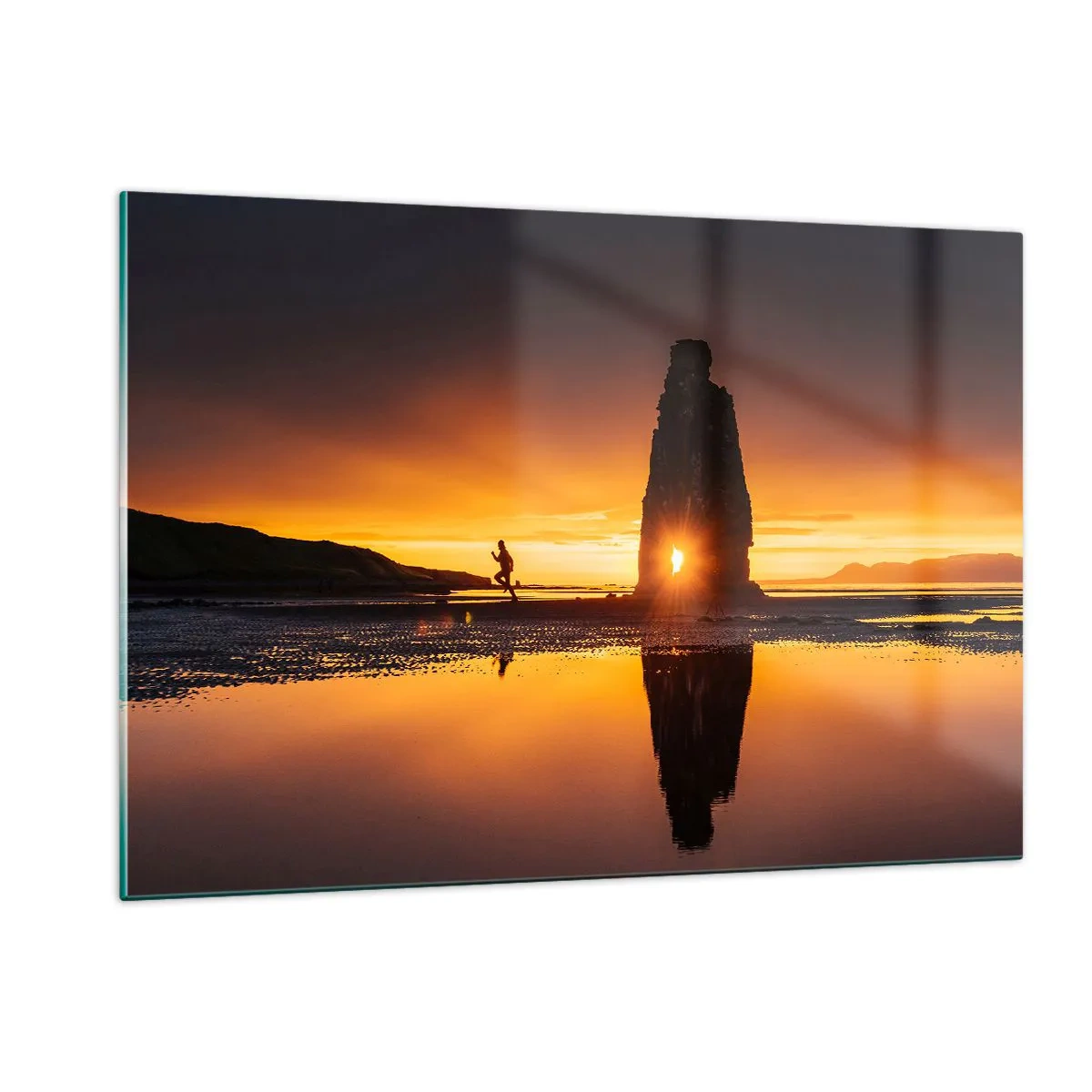 Quadro su vetro - Tramonto con una sagoma umana e una formazione rocciosa - 120x80cm - Solo tu e la natura - Decorazione murale moderna per soggiorno e camera da letto ARTTOR