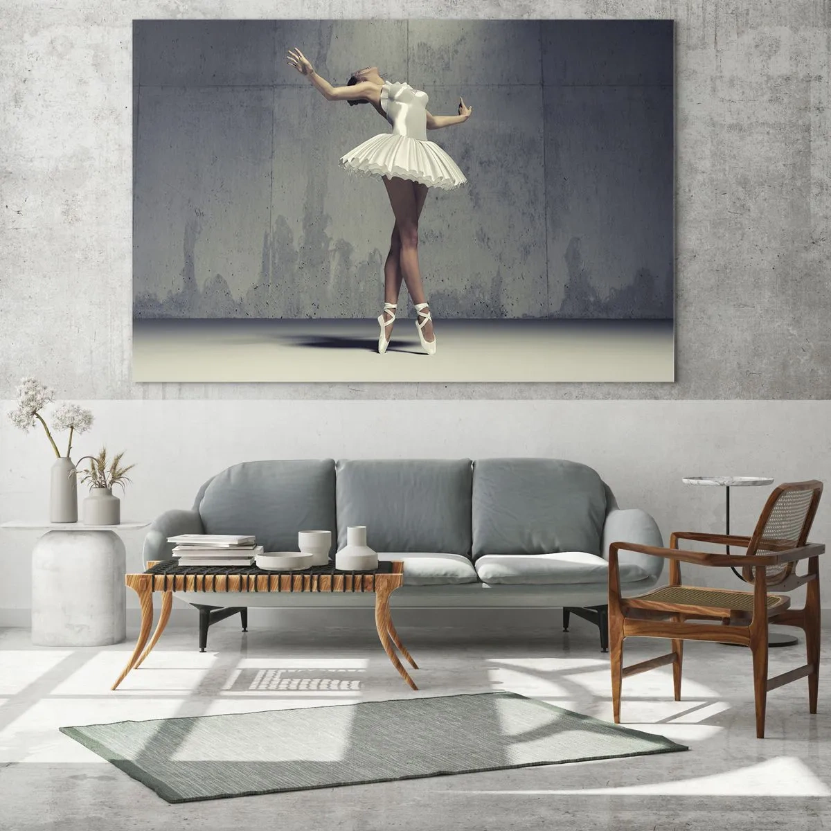 Quadro su vetro - Una ballerina in abito bianco contro un muro grezzo - 100x70cm - Leggero come un uccello - Decorazione murale moderna per soggiorno e camera da letto ARTTOR