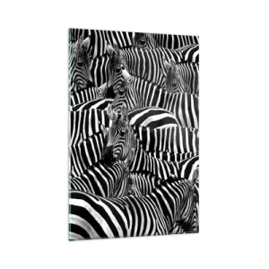 Quadro su vetro - Un gruppo di zebre con strisce bianche e nere che creano un motivo di simmetria. - 80x120cm - Ritratto collettivo a strisce - Decorazione murale moderna per soggiorno e camera da letto ARTTOR