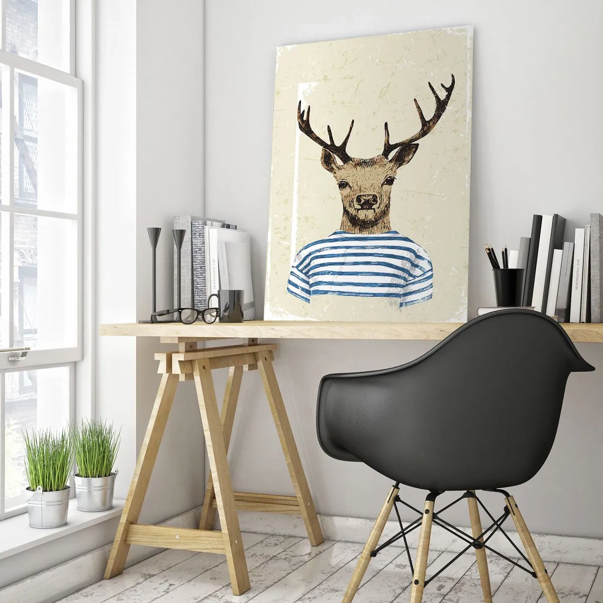 Quadro su vetro - Grafica di un cervo con una camicia da marinaio su uno sfondo chiaro - 50x70cm - Mi piacciono le camicie a righe! - Decorazione murale moderna per soggiorno e camera da letto ARTTOR
