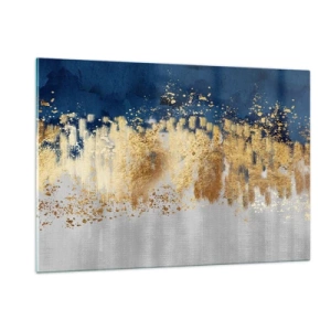 Quadro su vetro - Accenti dorati su sfondo blu navy e argento - 120x80cm - Composizione moderna con bagliore - Decorazione murale moderna per soggiorno e camera da letto ARTTOR
