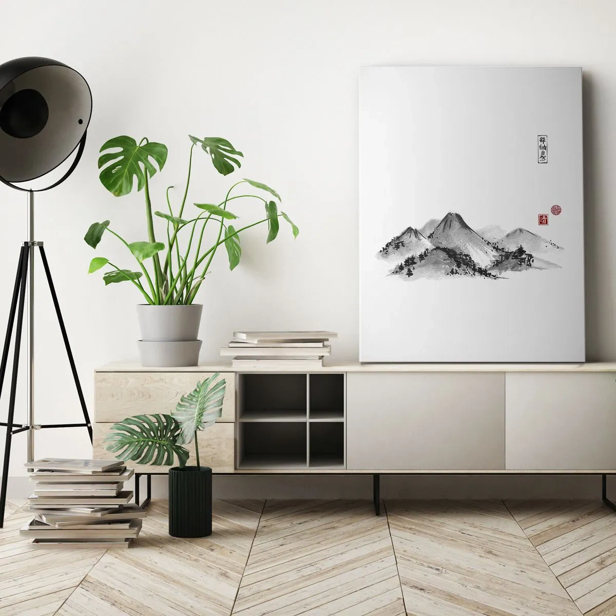 Quadro su tela - Stampe su Tela - Paesaggio montano tradizionale nello stile della pittura a inchiostro giapponese - 80x120cm - Troppo lontano - Decorazione murale moderna per soggiorno e camera da letto ARTTOR