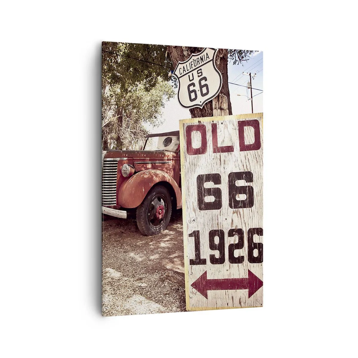 Quadro su tela - Stampe su Tela - Auto retrò e cartello della Route 66 in un ambiente rustico - 80x120cm - La leggenda della provincia americana - Decorazione murale moderna per soggiorno e camera da letto ARTTOR