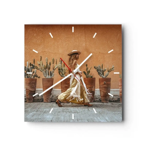 Orologio da parete - Orologio in Vetro - Una donna in stile boho con vasi di cactus sullo sfondo. - 30x30cm - In stile hippy - Decorazione murale moderna per soggiorno e camera da letto ARTTOR