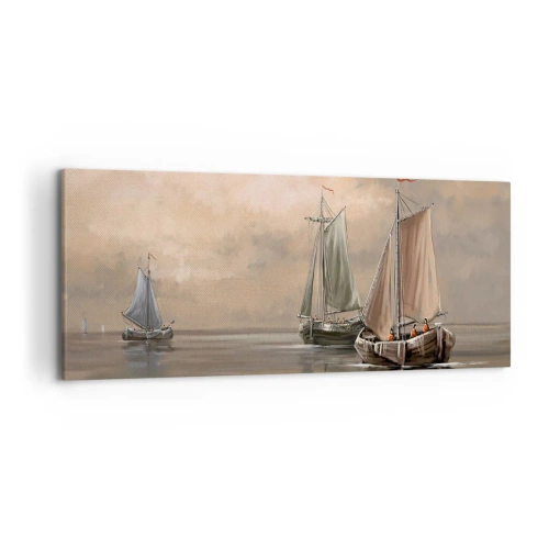 Quadro su tela - Stampe su Tela - Barche a vela su un mare calmo in un ambiente pastello - 120x50cm - Il ritorno dei marinai - Decorazione murale moderna per soggiorno e camera da letto ARTTOR