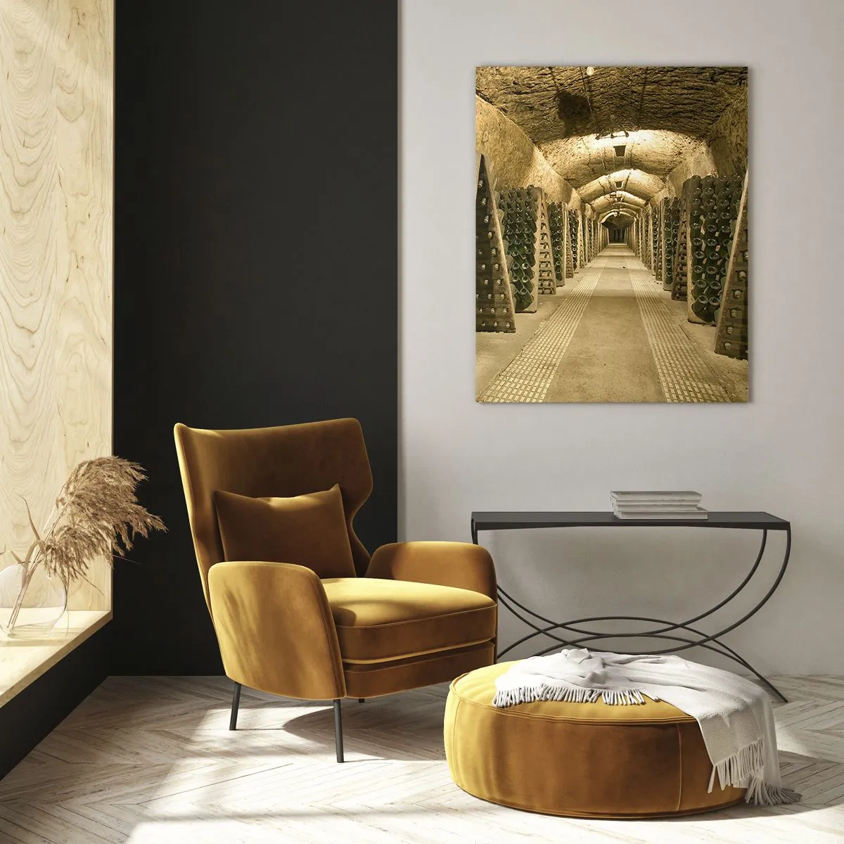 Quadro su vetro - Una cantina con bottiglie di vino invecchiate in file - 50x70cm - Nascita del sapore - Decorazione murale moderna per soggiorno e camera da letto ARTTOR