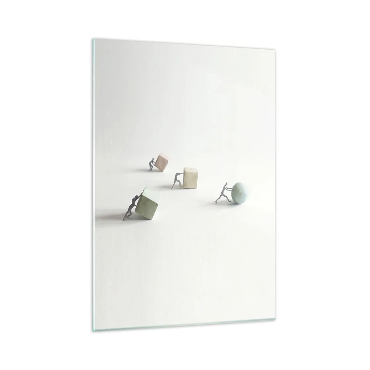 Quadro su vetro - Le figure in miniatura rotolano e spingono forme geometriche. - 50x70cm - È la vita - Decorazione murale moderna per soggiorno e camera da letto ARTTOR