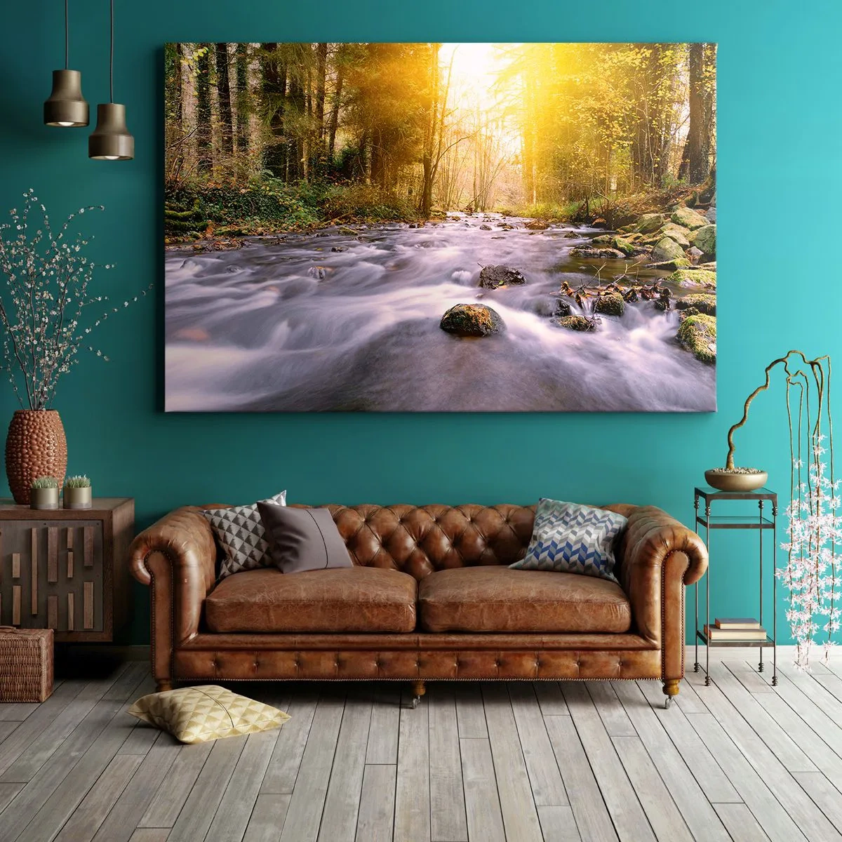 Quadro su tela - Stampe su Tela - Un ruscello nella foresta illuminato dai raggi del sole - 70x50cm - Malachite in cornice oro-argento - Decorazione murale moderna per soggiorno e camera da letto ARTTOR