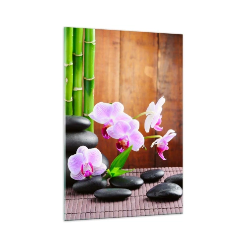 Quadro su vetro - Bambù in stile zen, pietre e orchidee rosa su uno sfondo di legno - 70x100cm - Scopri i piaceri dell'oriente - Decorazione murale moderna per soggiorno e camera da letto ARTTOR