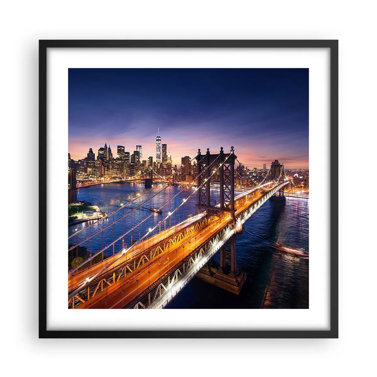 Poster in cornice nera - Il ponte luminoso fino al cuore della città - 50x50 cm
