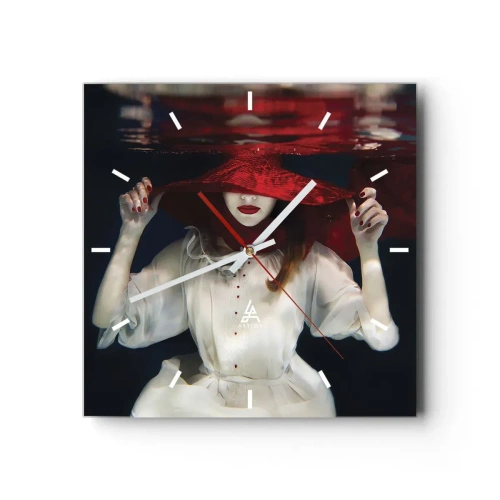 Orologio da parete - Orologio in Vetro - Una donna con un cappello rosso immersa nell'acqua - 30x30cm - Donnagatto - Decorazione murale moderna per soggiorno e camera da letto ARTTOR