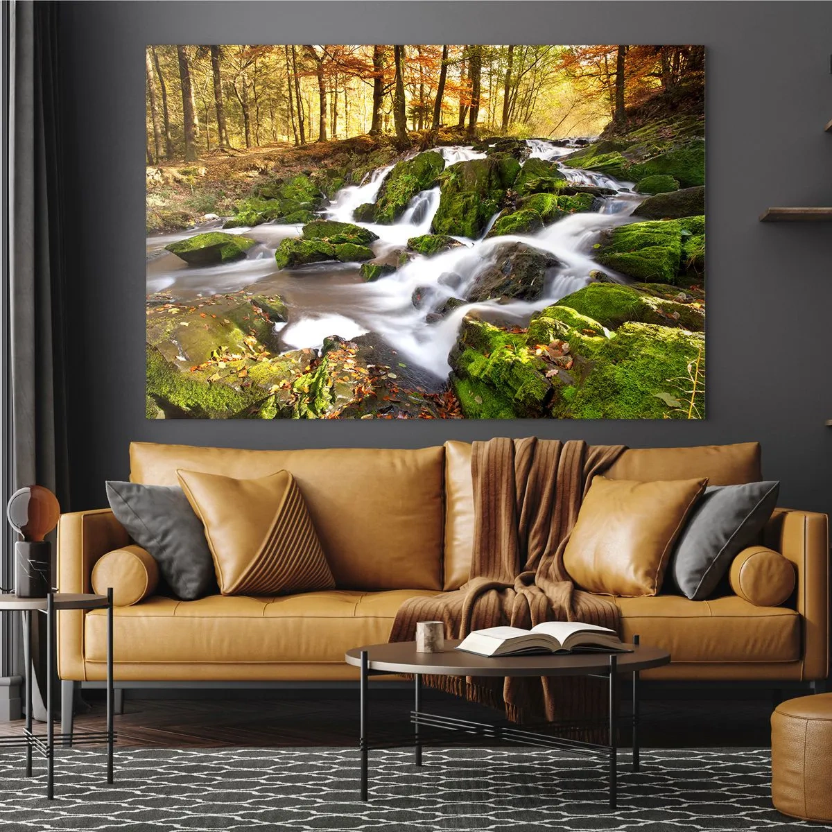 Quadro su vetro - Un ruscello nella foresta con cascate in un paesaggio autunnale - 70x50cm - Rapido nel bosco autunnale - Decorazione murale moderna per soggiorno e camera da letto ARTTOR