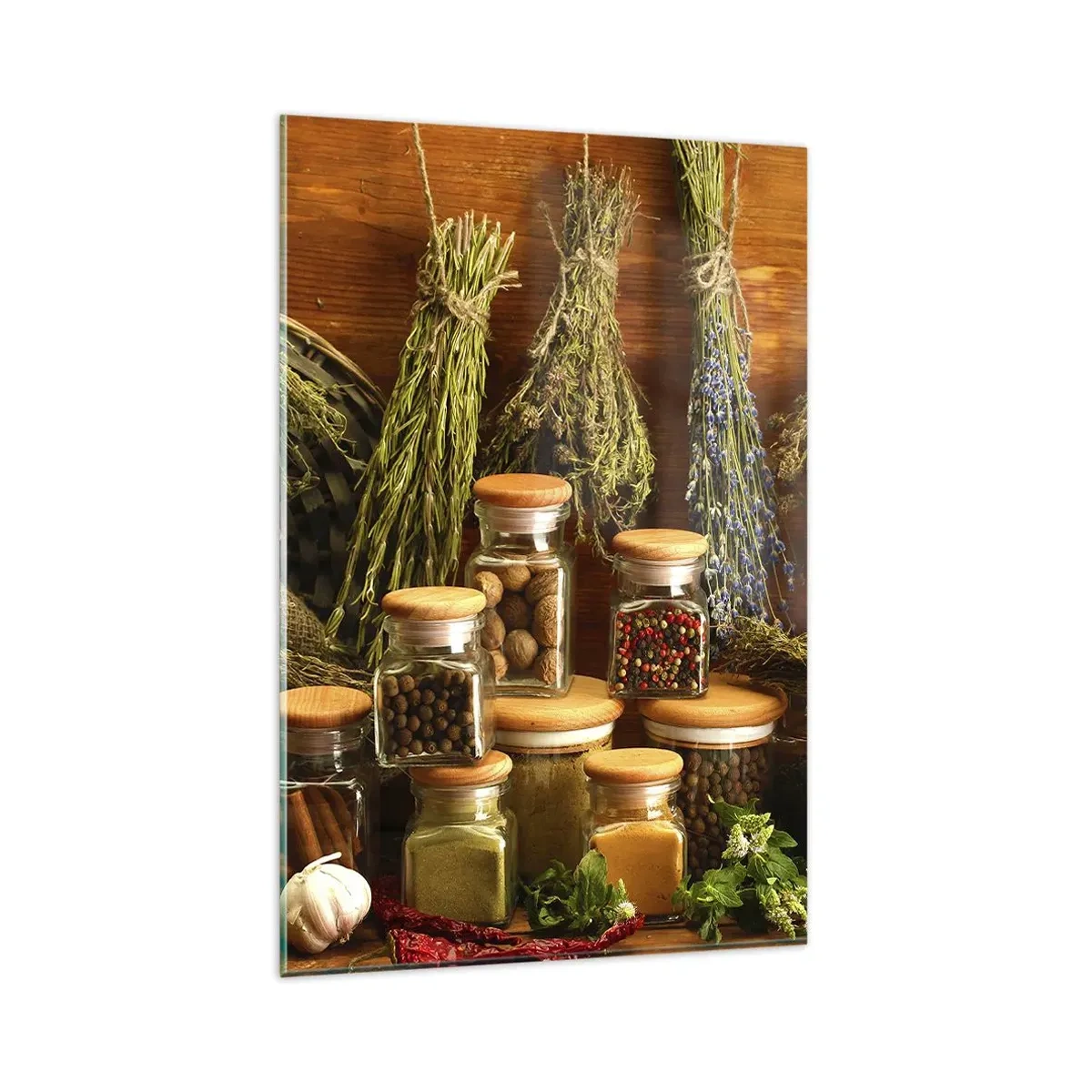 Quadro su vetro - Erbe e spezie in barattoli su uno sfondo rustico - 80x120cm - Magie di cucina - Decorazione murale moderna per soggiorno e camera da letto ARTTOR