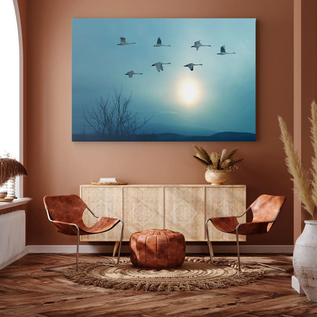 Quadro su tela - Stampe su Tela - Cigni in volo al mattino - 120x80cm - Addio estate, quest'anno - Decorazione murale moderna per soggiorno e camera da letto ARTTOR
