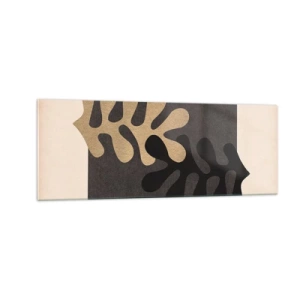 Quadro su vetro - Foglie astratte in nero e beige su uno sfondo rettangolare - 140x50cm - Assenza e completamento - Decorazione murale moderna per soggiorno e camera da letto ARTTOR
