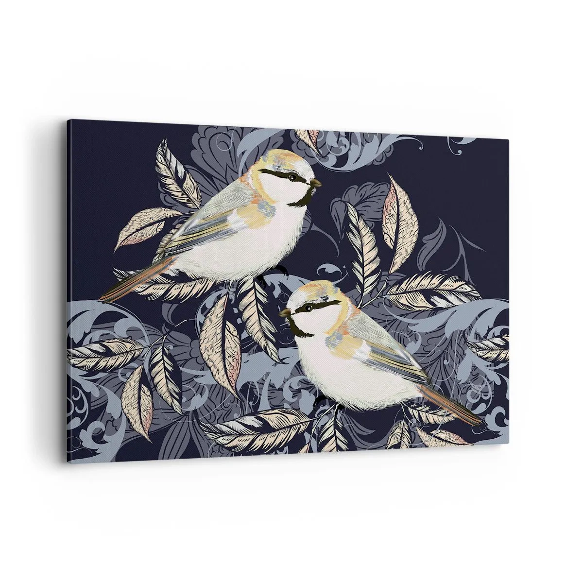 Quadro su tela - Stampe su Tela - Uccelli sui rami in uno sfondo ornamentale - 120x80cm - Cinguettio oro e blu - Decorazione murale moderna per soggiorno e camera da letto ARTTOR