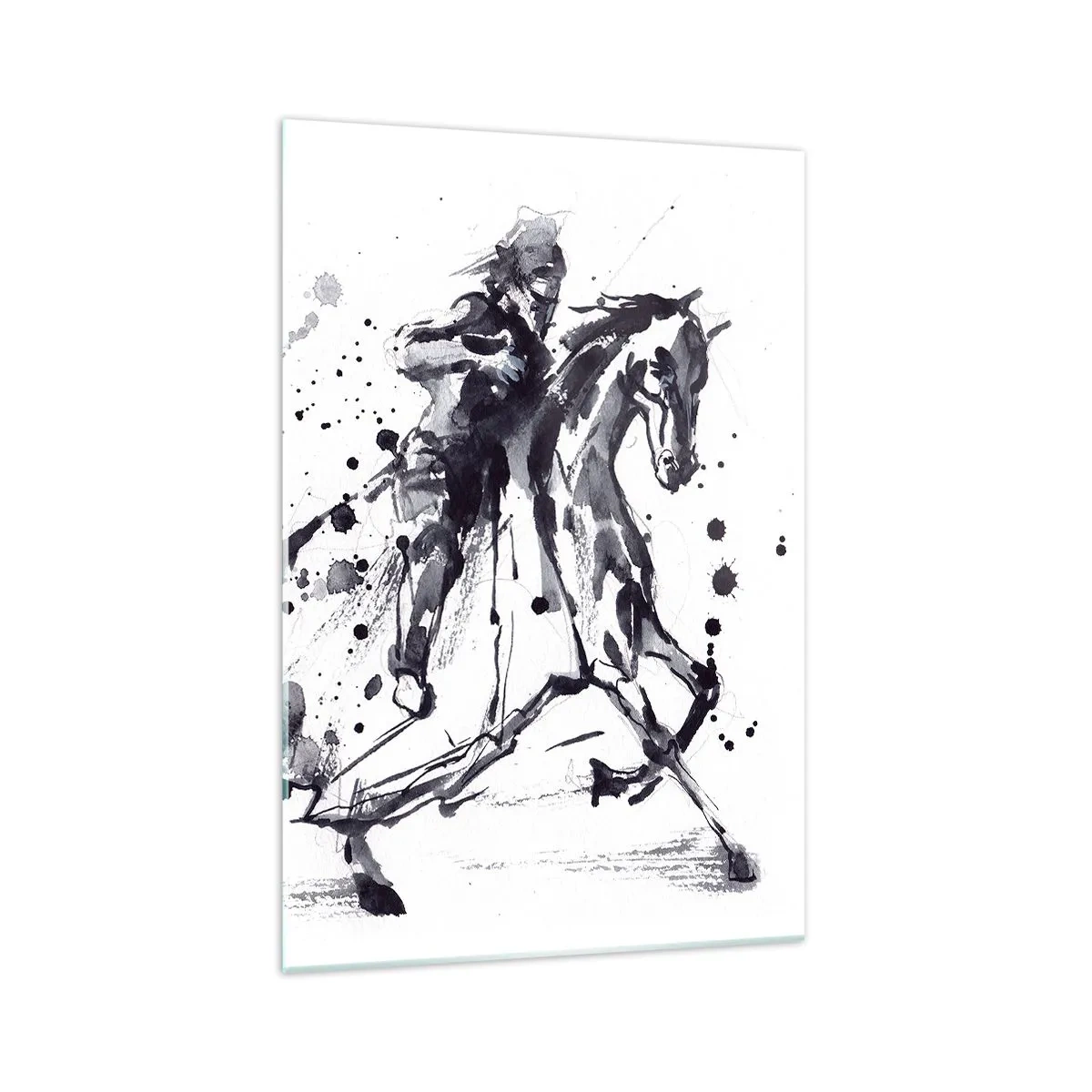 Quadro su vetro - Acquerello in bianco e nero di un cavaliere su un cavallo al galoppo - 70x100cm - Il cavaliere nero - Decorazione murale moderna per soggiorno e camera da letto ARTTOR
