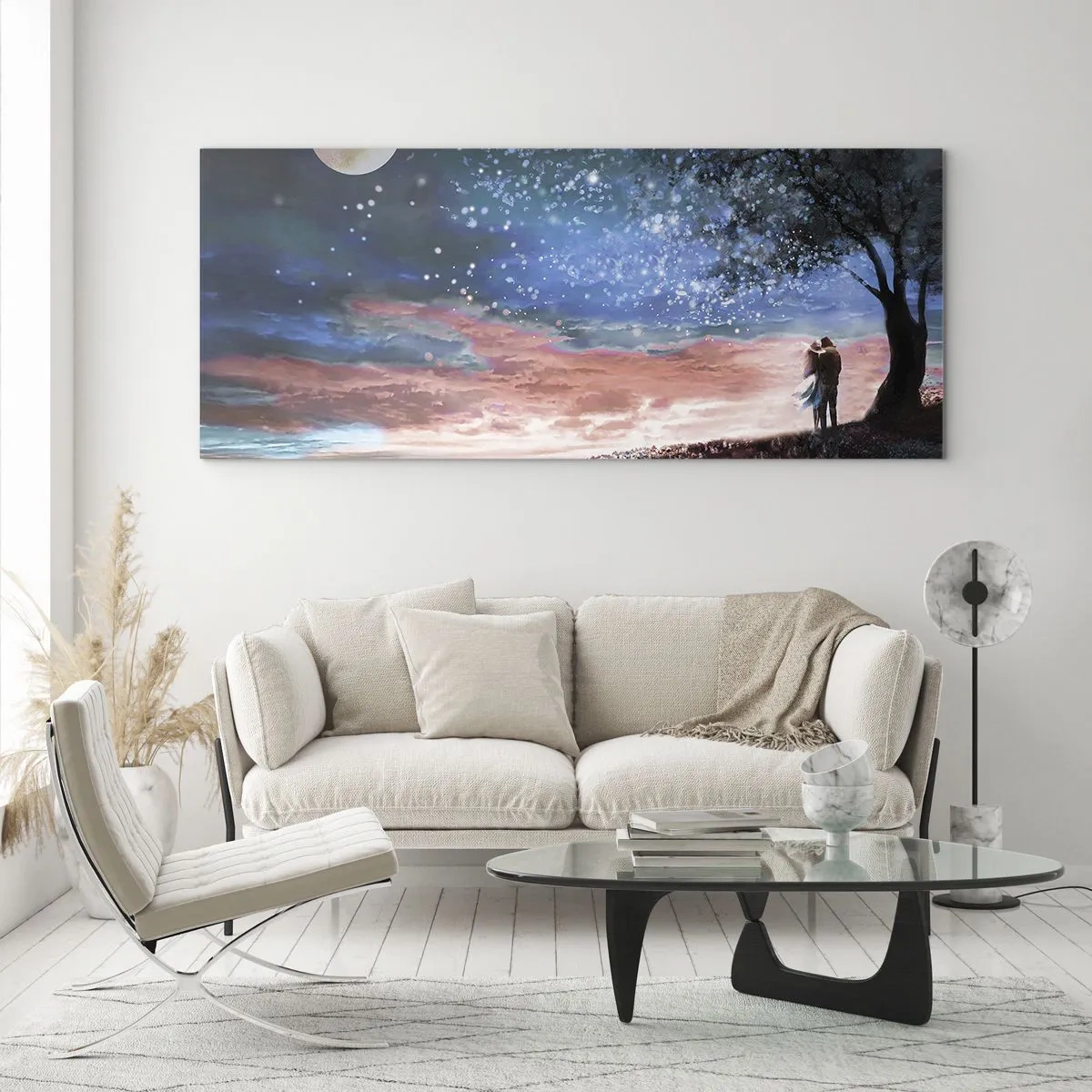 Quadro su vetro - Scena romantica di coppia sotto la luna piena - 140x50cm - Lo spettacolo delle stelle - Decorazione murale moderna per soggiorno e camera da letto ARTTOR