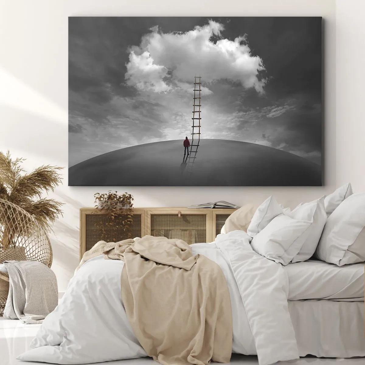 Quadro su tela - Stampe su Tela - Una persona con un cappotto rosso e una scala che porta a una nuvola - 70x50cm - Tutto è possibile - Decorazione murale moderna per soggiorno e camera da letto ARTTOR