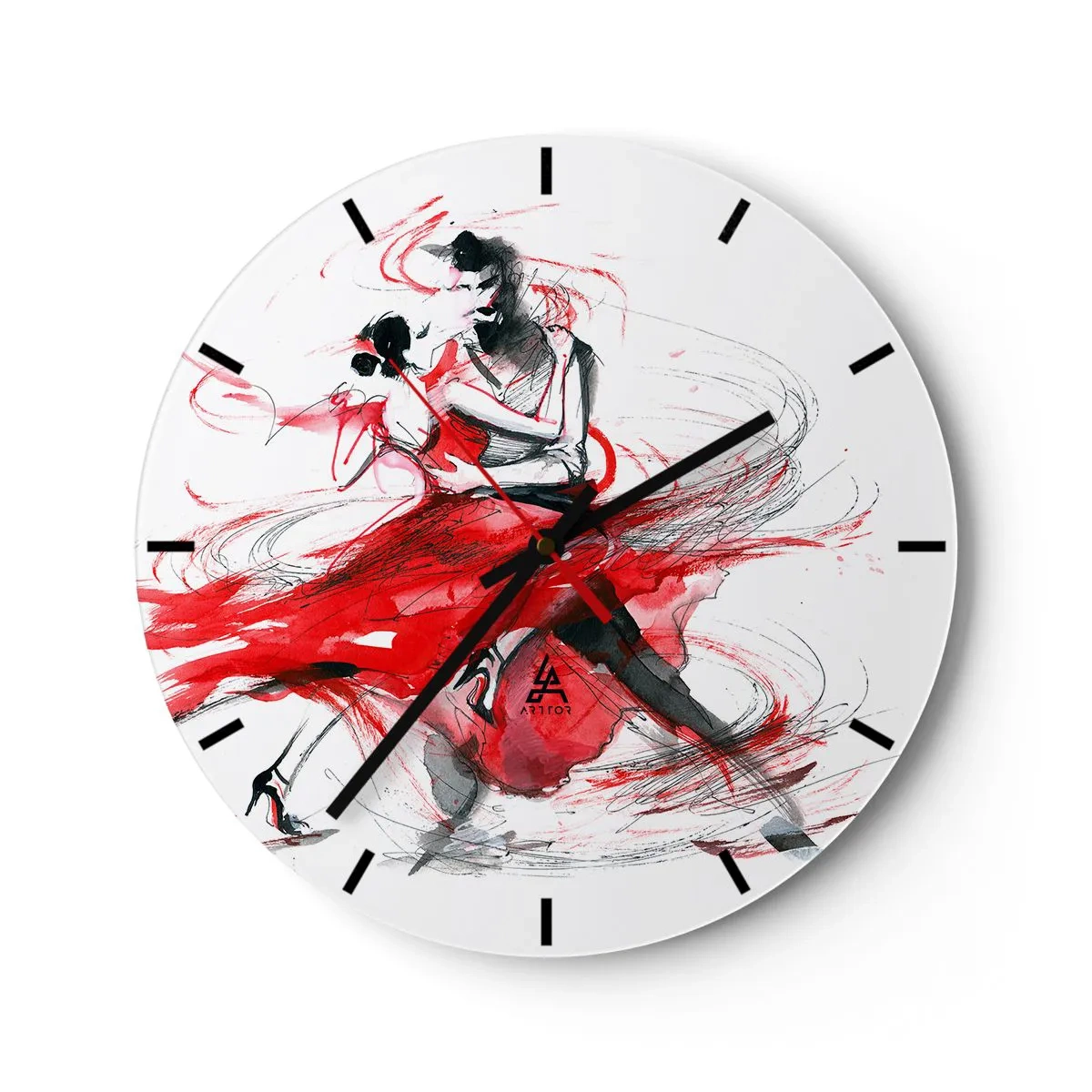 Orologio da parete - Orologio in Vetro - Ballerini di tango in rosso, pennellate dinamiche di acquerello - 30x30cm - Tango: il ritmo della passione - Decorazione murale moderna per soggiorno, cucina e camera da letto ARTTOR