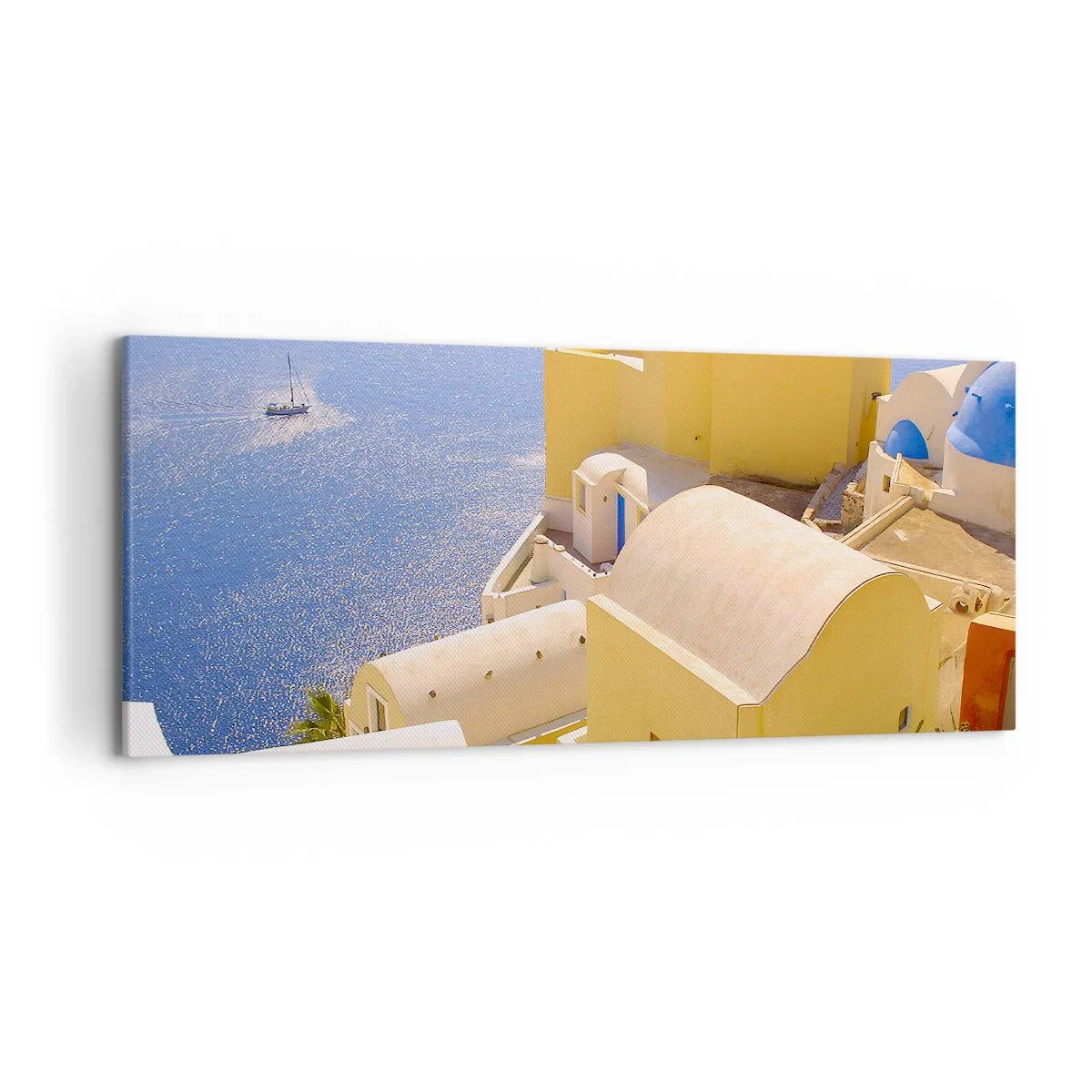 Quadro su tela - Stampe su Tela - Architettura greca con vista sul mare e una barca sullo sfondo - 120x50cm - Paesaggio greco in bianco e blu - Decorazione murale moderna per soggiorno e camera da letto ARTTOR