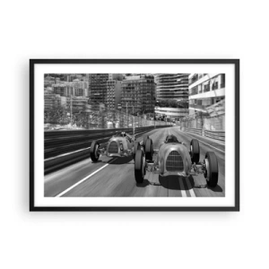 Poster in cornice nera - Scena di gara automobilistica retrò monocromatica - 70x50cm - Tanto tempo fa a Montecarlo - Decorazione murale moderna per soggiorno e camera da letto ARTTOR
