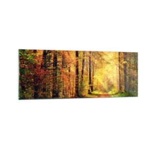 Quadro su vetro - Un sentiero nel bosco circondato da alberi dorati e verdi - 140x50cm - Il silenzio d'oro del bosco - Decorazione murale moderna per soggiorno e camera da letto ARTTOR