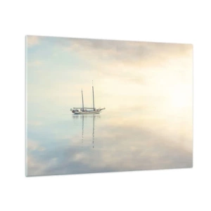Quadro su vetro - Una barca a vela alla deriva su un mare calmo all'alba - 70x50cm - Silenzio in mare - Decorazione murale moderna per soggiorno e camera da letto ARTTOR