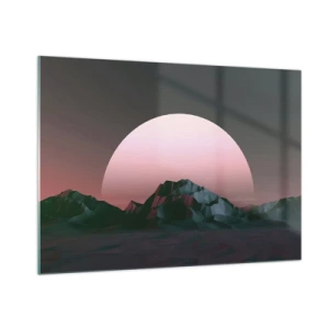 Quadro su vetro - Paesaggio astratto con montagne geometriche e un sole rosa. - 100x70cm - Nella galassia accanto - Decorazione murale moderna per soggiorno e camera da letto ARTTOR
