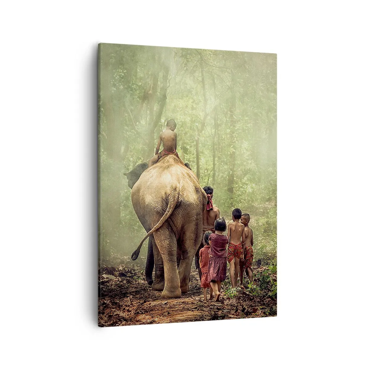 Quadro su tela - Stampe su Tela - Bambini con un elefante in una foresta verde alla luce del mattino - 50x70cm - Il nuovo Libro della Giungla - Decorazione murale moderna per soggiorno e camera da letto ARTTOR