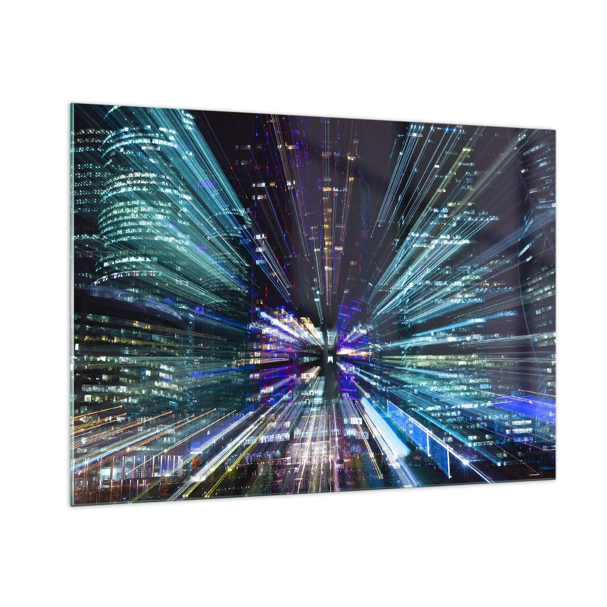 Quadro su vetro - Linee di luce dinamiche sullo sfondo di una città notturna - 100x70cm - Passaggio nell'iperspazio - Decorazione murale moderna per soggiorno e camera da letto ARTTOR