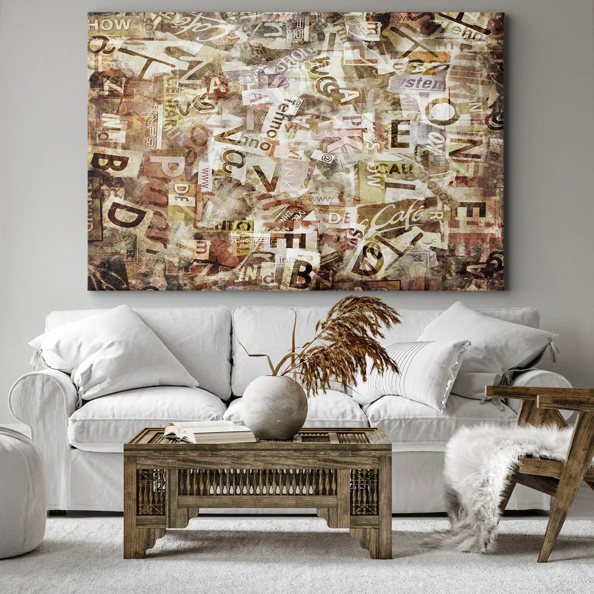 Quadro su tela - Stampe su Tela - Composizione astratta con lettere e frammenti di testo - 120x80cm - Unificando le chiacchiere - Decorazione murale moderna per soggiorno e camera da letto ARTTOR
