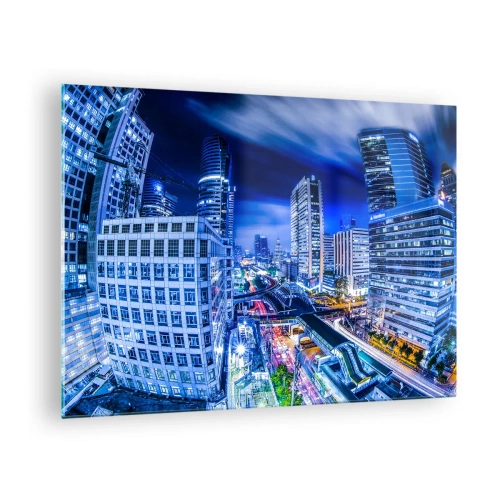 Quadro su vetro - Panorama di una città moderna di notte con luci brillanti - 70x50cm - Il ritmo notturno della città - Decorazione murale moderna per soggiorno e camera da letto ARTTOR