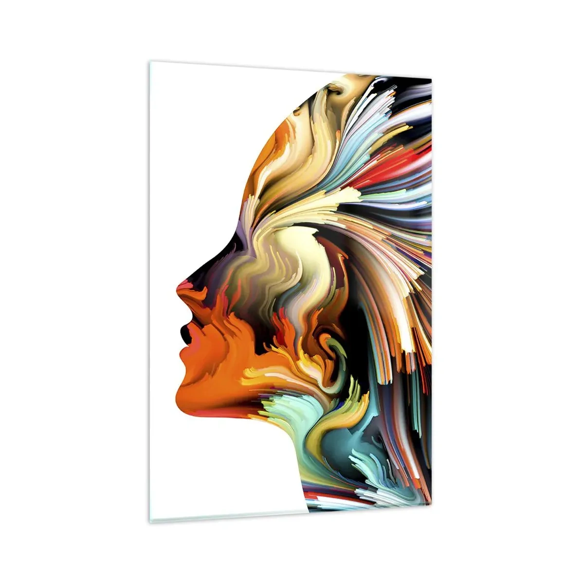 Quadro su vetro - Profilo astratto del viso con linee dinamiche colorate. - 80x120cm - Esplosione di fantasia - Decorazione murale moderna per soggiorno e camera da letto ARTTOR