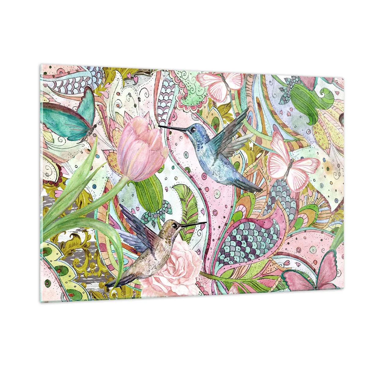 Quadro su vetro - Colibrì colorati tra fiori e farfalle - 120x80cm - Intrecciate nei rami - Decorazione murale moderna per soggiorno e camera da letto ARTTOR