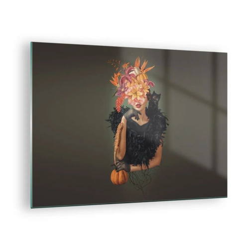 Quadro su vetro - Figura di una donna vestita di nero con una zucca, un gatto e una composizione floreale - 70x50cm - L'incantesimo della strega - Decorazione murale moderna per soggiorno e camera da letto ARTTOR