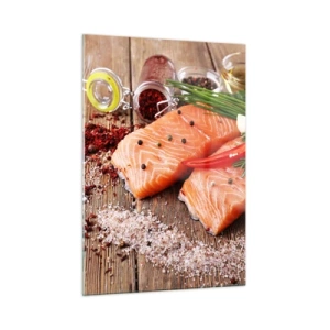 Quadro su vetro - Filetti di salmone con spezie su un piano di lavoro in legno - 50x70cm - Avventura norvegese in cucina - Decorazione murale moderna per soggiorno e camera da letto ARTTOR