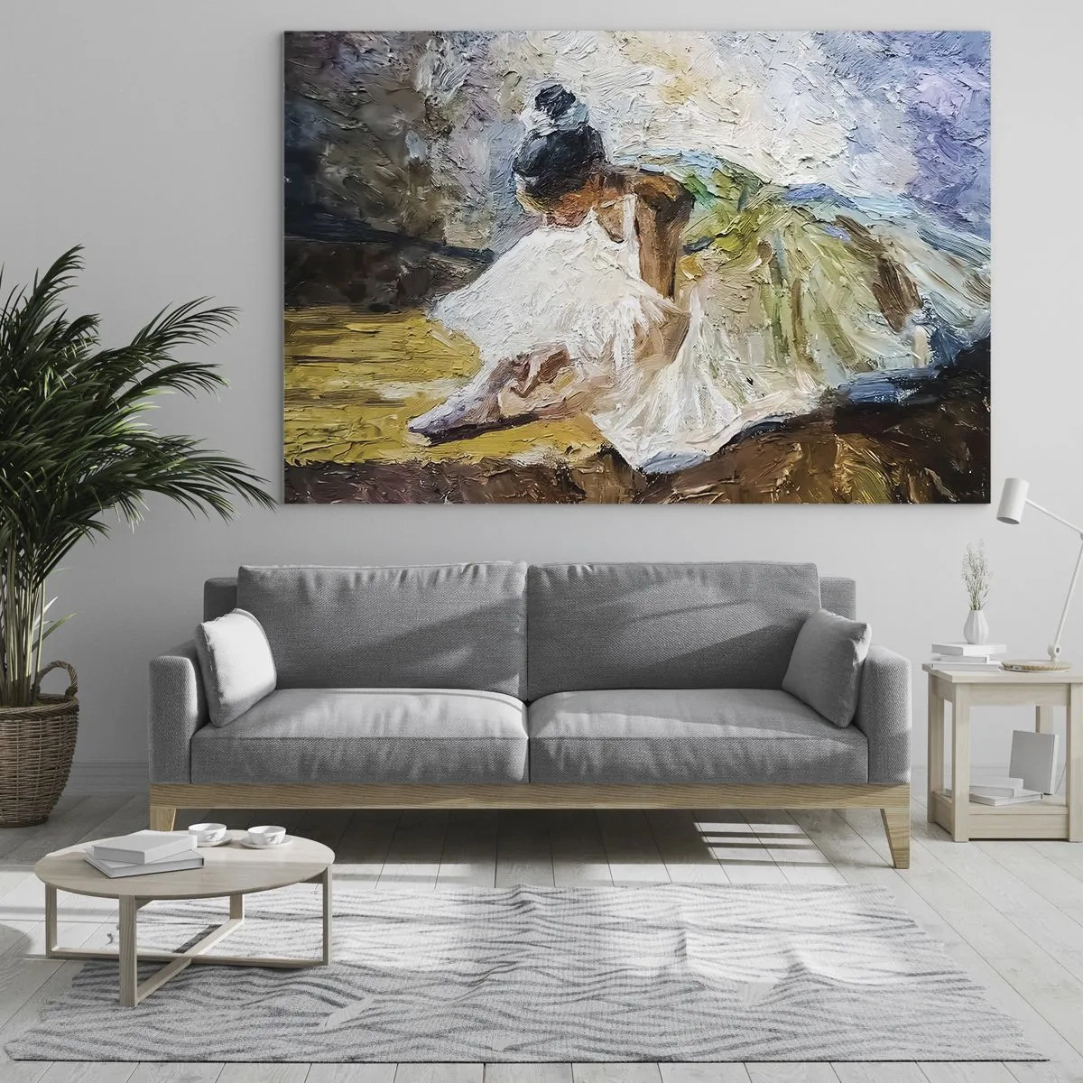 Quadro su vetro - Una ballerina china in avanti con un abito bianco dipinto con una texture a olio - 70x50cm - Dal quadro di Degas - Decorazione murale moderna per soggiorno e camera da letto ARTTOR