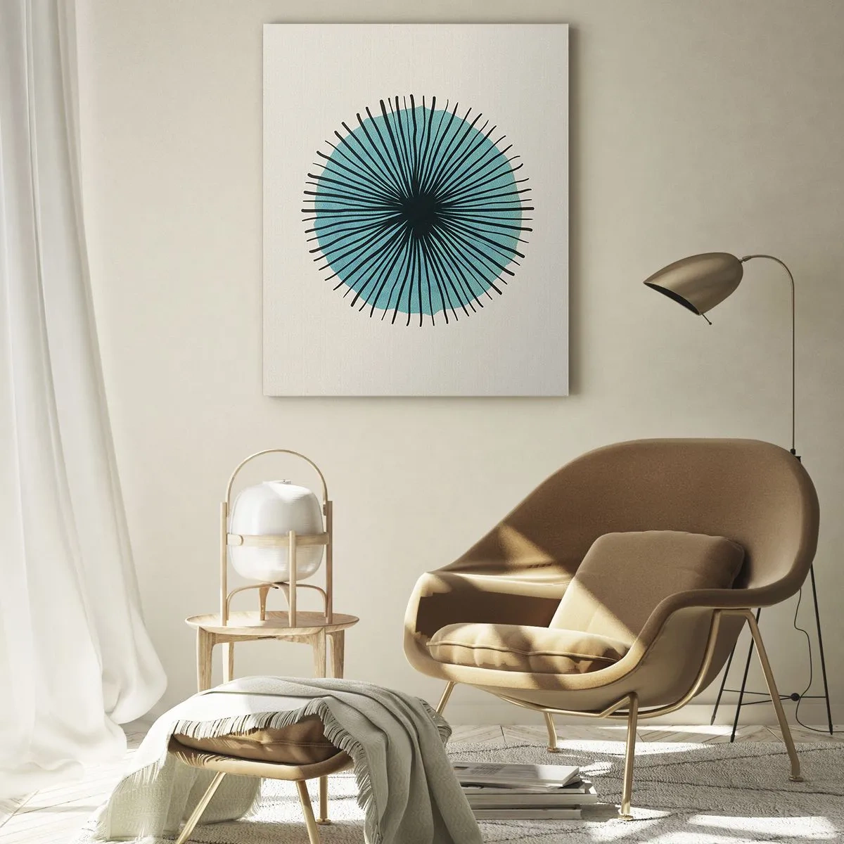 Quadro su vetro - Forma circolare astratta con raggi blu - 80x120cm - Radiosamente nel blu - Decorazione murale moderna per soggiorno e camera da letto ARTTOR