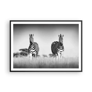 Poster in cornice nera - Due zebre nella savana in stile monocromatico - 100x70cm - E tuttavia il mondo è bianco e nero - Decorazione murale moderna per soggiorno e camera da letto ARTTOR