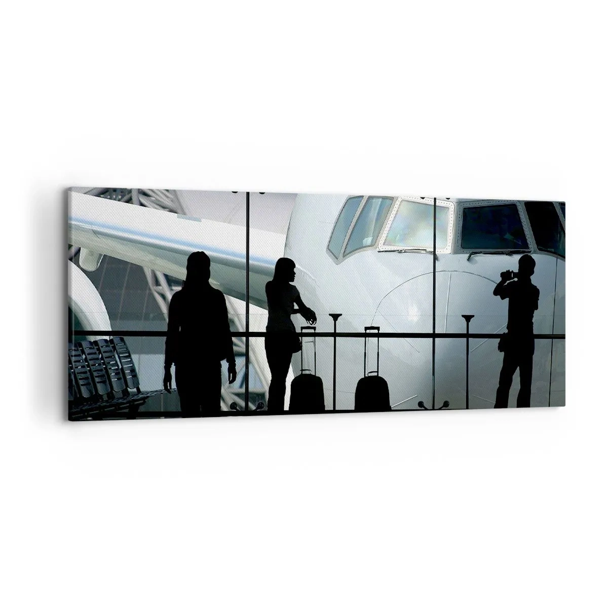 Quadro su tela - Stampe su Tela - Aeroporto con sagome di persone e vista dell'aereo - 120x50cm - Faccia a faccia in aeroporto - Decorazione murale moderna per soggiorno e camera da letto ARTTOR