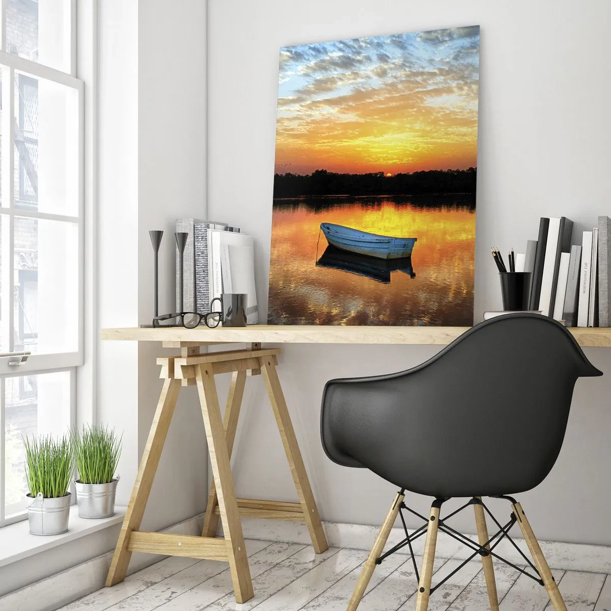 Quadro su vetro - Una barca su un lago calmo durante il tramonto - 80x120cm - Guarda, ascolta, medita - Decorazione murale moderna per soggiorno e camera da letto ARTTOR