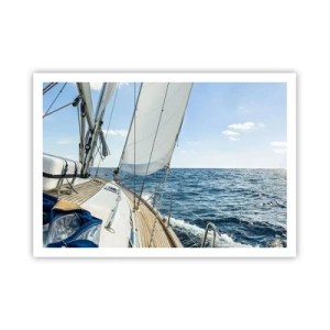 Poster - Una barca a vela su un mare calmo sotto un cielo azzurro - 100x70cm - Benvenuta avventura - Decorazione murale moderna per soggiorno e camera da letto ARTTOR