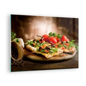 Quadro su vetro - Pizza su tagliere di legno con rucola e pomodorini - 70x50cm - Direttamente dal forno e dal giardino - Decorazione murale moderna per soggiorno e camera da letto ARTTOR